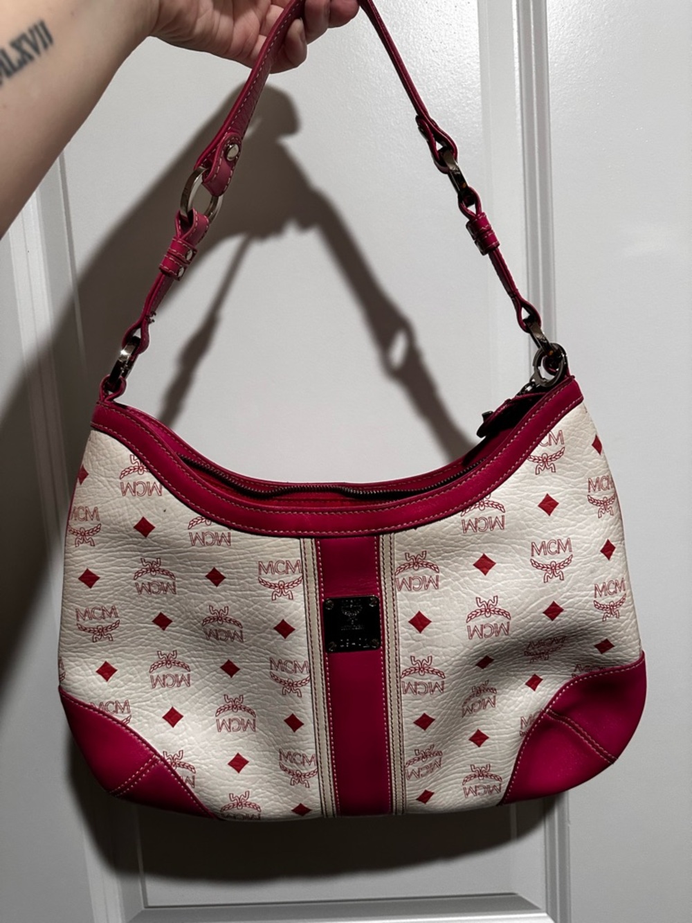 MCM Cream & Pink Logo Shoulder Bag